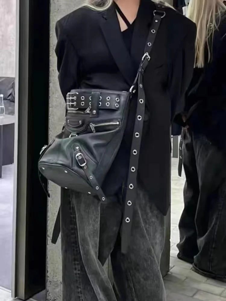 High Street Vintage Handbag Women New Rivet Large Capacity Casual Crossbody Bags Ladies Moto Biker Black Messenger Bag