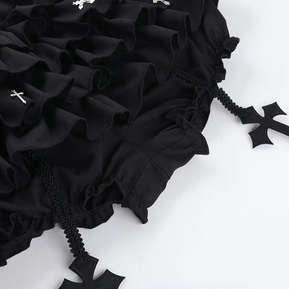 2026 Summer New Arrival Hot Girl Trendy Versatile Mini Skirt Dark Cross DesignTiered Cake Black Fluffy Skirts