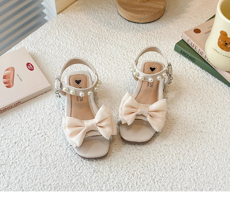 Girls Sandals Sweet Elegant Kids Dress Shoes Dance Wedding Non-slip 2025 Summer New Girls Princess Sandals Big Bows Ins Trendy