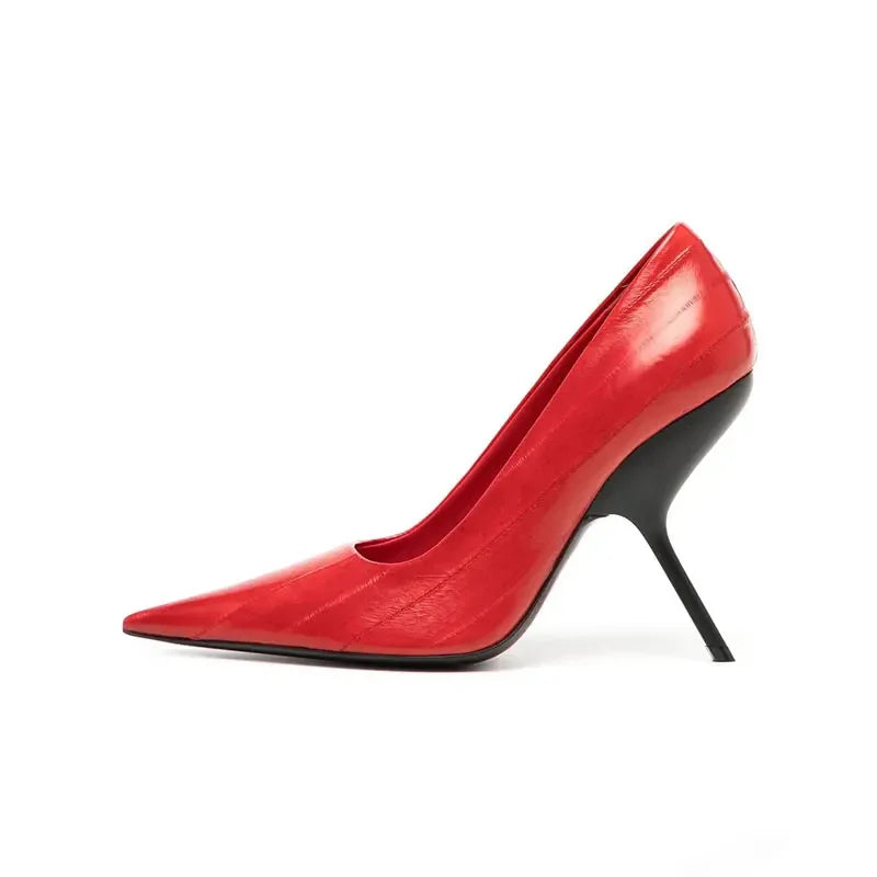 Brand Fashion Show Silvery 9cm High Heel Spring Autumn New Irregular Heels Black Red Pointed Sexy Women's Single Shoes Size 43