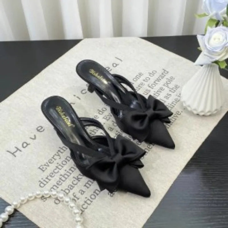 Fairy Style Pink Cool Slippers for Women's Summer 2024 French Pointed Bow Hollow High Heels, Half Wrapped Women's Slippers