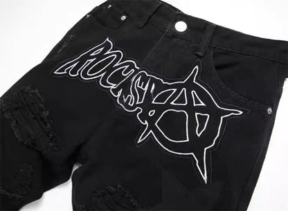 Punk Style Men's Slim Fit Straight Leg Denim Jeans Black Hole Patch Embroidery No Stretch Fashion Urban Casual Cotton Polyest...