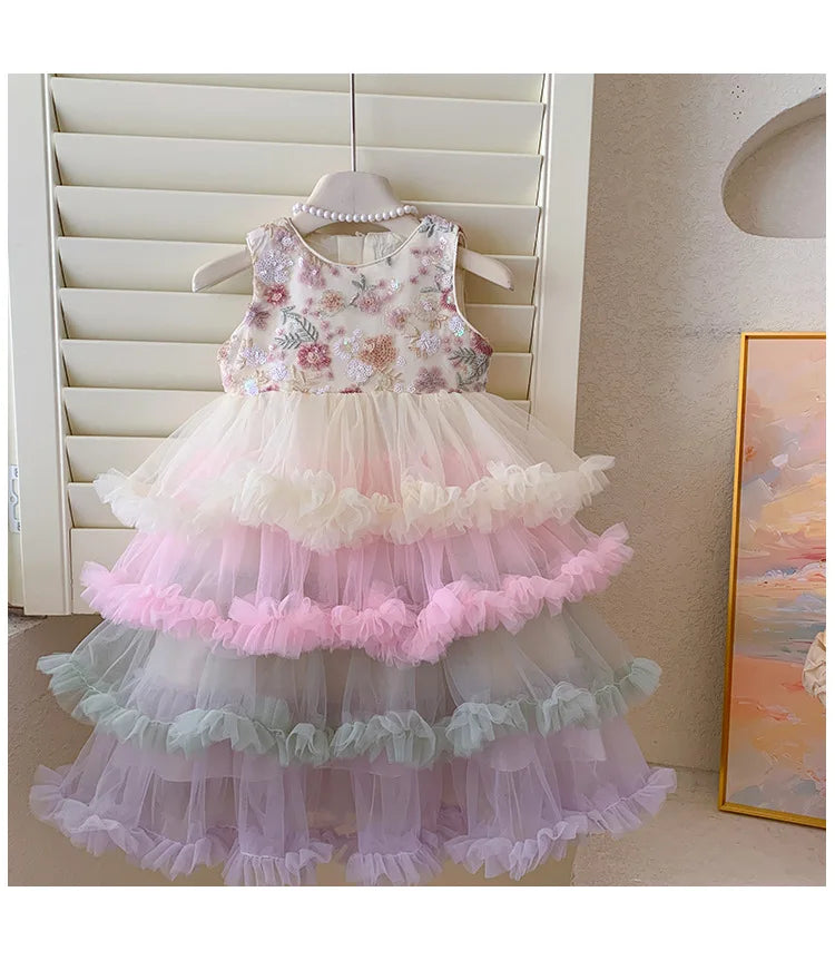 Vestido Regata para Meninas Verão 2025 Novo Vestido Elegante de Malha com Babados para Meninas Vestido Princesa Roupa Infantil de Fada