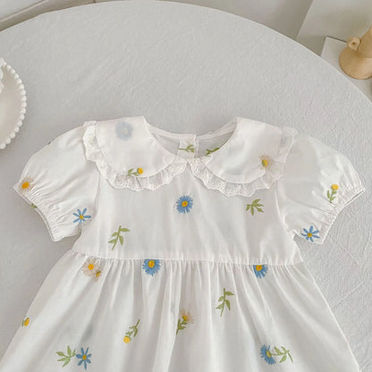 2026 Girls Dress Korean Edition Summer New 2-6Yrs Cotton Embroidered Flower Short Sleeve Girls' Dress Cute Dress