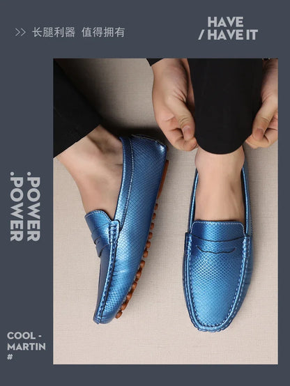 Mocassins Masculinos de Couro Azul de Luxo Moda Casual Confortável para Homens Designer Sapatos Slip-on Planos Masculinos zapatos hombre