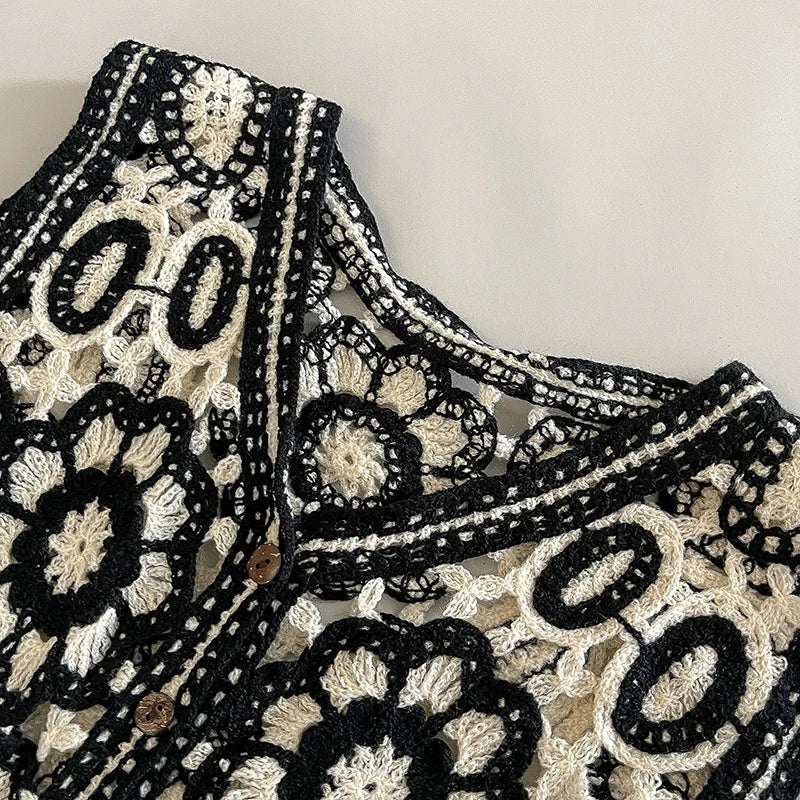 Floral Crochet Vest for Women Openwork Button Front Sleeveless Jacket Waistcoat Bohemian Summer Beach Vacation Outfit