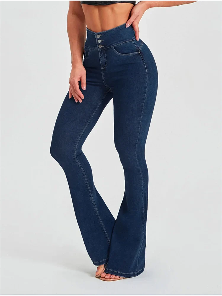 Fashion High Street Simple Spring Jeans Pants Women Solid Color High Waist Pocket Button Slim Flared Trousers