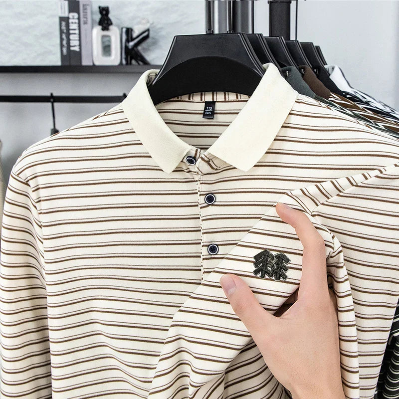 Men's Striped Long Sleeved T-shirt Polo Shirt Button Up Men's Stand Up Collar, Winter Double-sided German Velvet Base Shirt