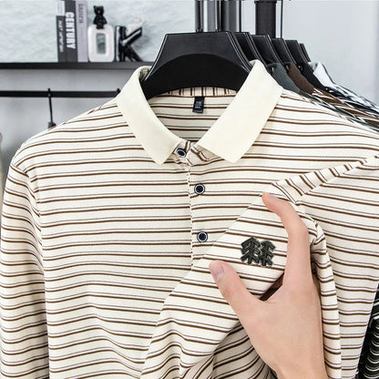 Men's Striped Long Sleeved T-shirt Polo Shirt Button Up Men's Stand Up Collar, Winter Double-sided German Velvet Base Shirt