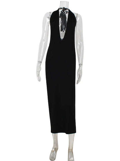 Fashion Halter Women's Maxi Dresses Solid Deep V-Neck Sleeveless Blackless Bandage Sheath Bodycon Party Vestidos Robes