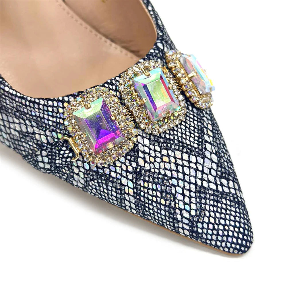 Rhinestone Pointed-Toe High Heels Shoes and Bags Set for Women Wedding and Party Elegant Luxury Fashion in Wine Color