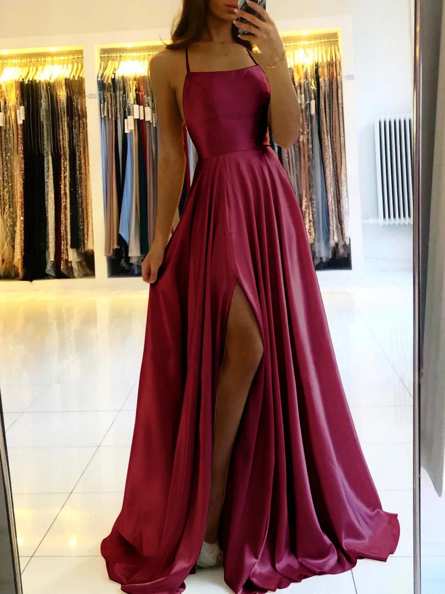 2025 Vestidos Longos de Cetim Verde Escuro para Madrinhas de Casamento com Alças Finas Fenda Sexy Decote nas Costas Maxi Vestidos de Noite Femininos