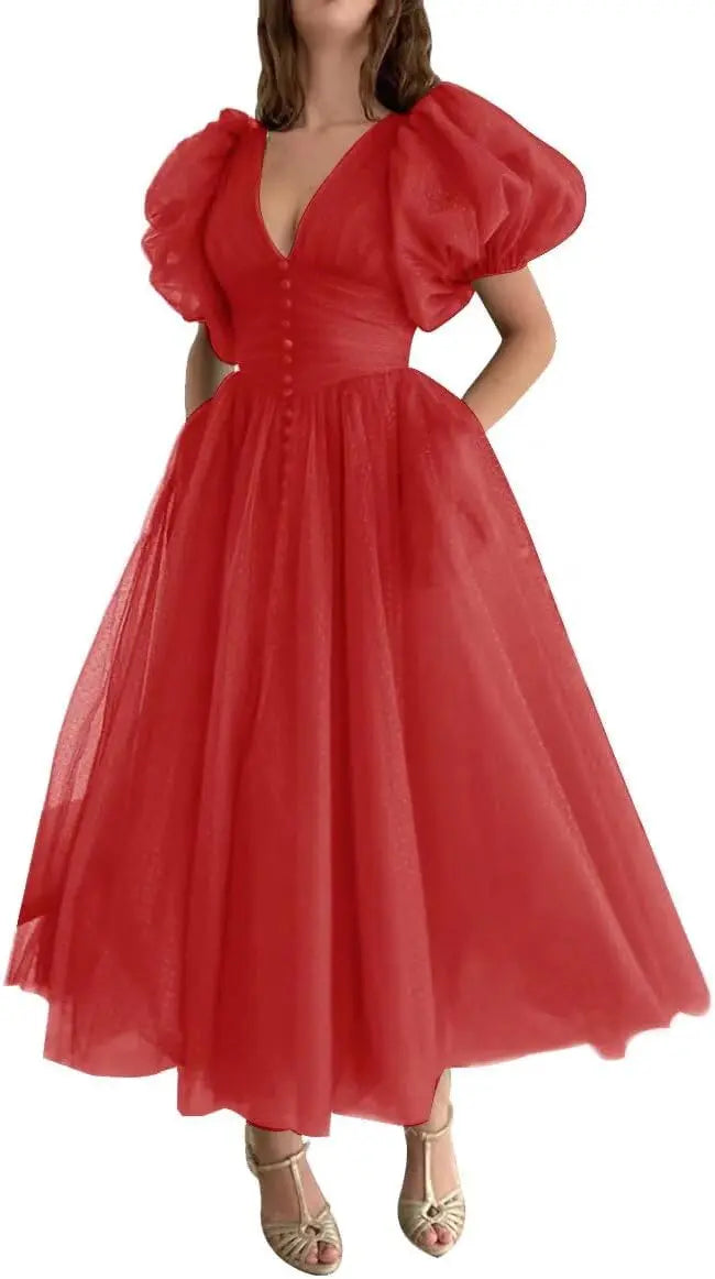 Puffy Sleeve Prom Dresses for Women Dotted Tulle V Neck Formal Evening Party Gowns Tea Length Formal Dress Women Elegant