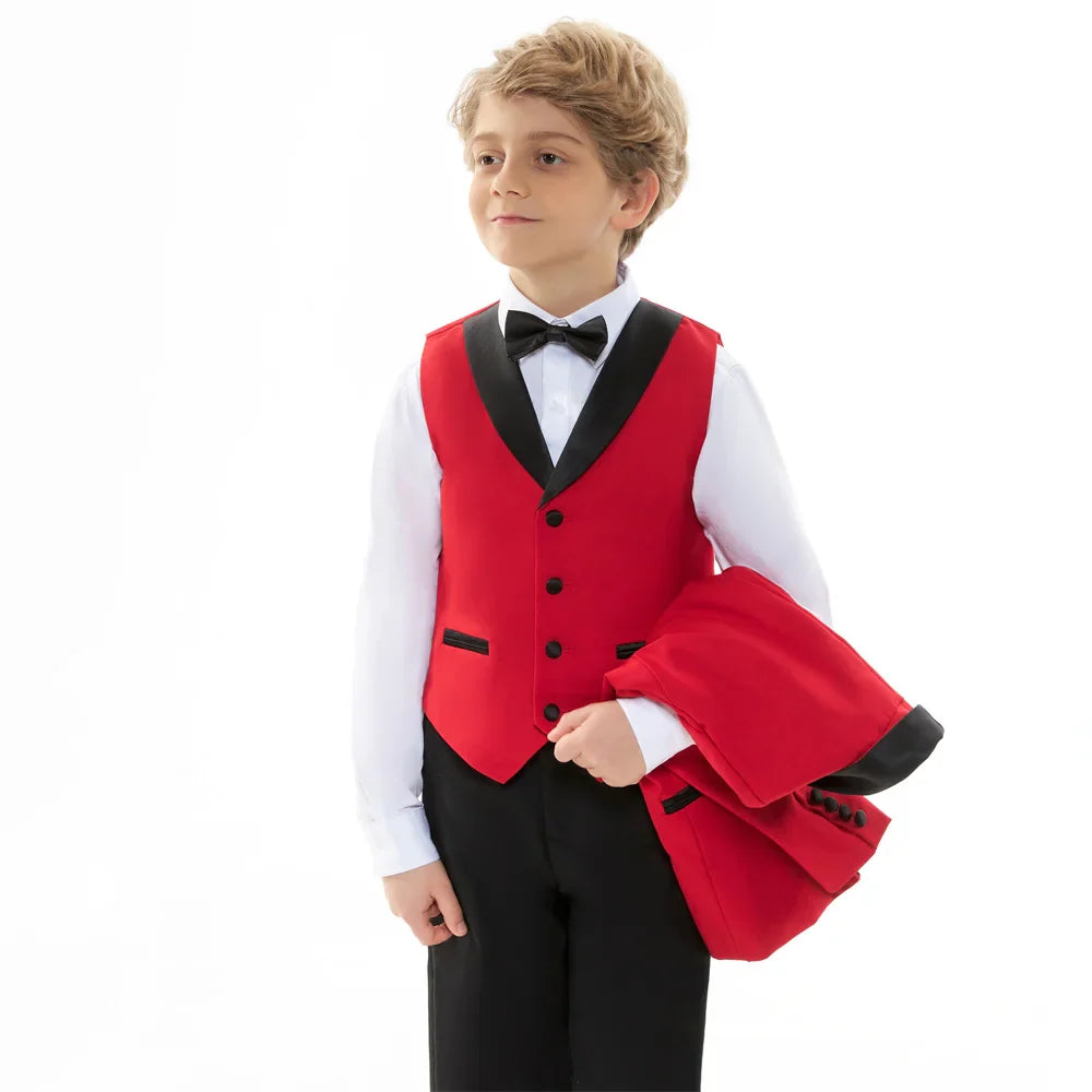 Boys' Formal Red  Black Tuxedo Suit with Black Bow Tie Elegant Flower Boy Outfit Weddings Kids' Formal Events  Special Occasions