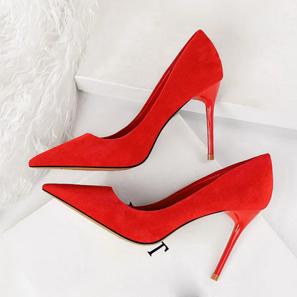 Women 9cm High Heels Pumps Stripper Flock Suede Plus Size Escarpins Lady Wedding Bridal Heels Escarpins Green Blue Yellow Shoes
