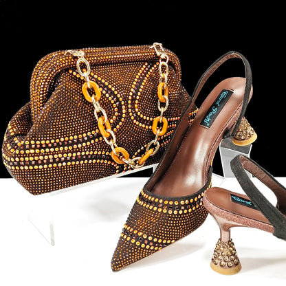 Italian Pumps and Bag To Party 2024 INS Style Pointed-Toe Rhinestone Elegant High Heels Champagne Wedge for Women