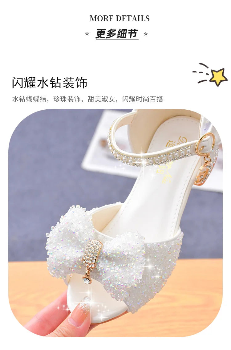 Children's Sandals Summer Princess Crystal Shoes 2024 New Girls High Heels Fashion Sequins Girls Soft Bottom Performance Shoes