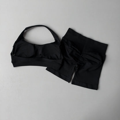 Sexy Halter Neck Beautiful Back High Waist Peach Sports Bras Shorts Suit Pilates Gathering Yoga Vest Training Fitness Bra Sets