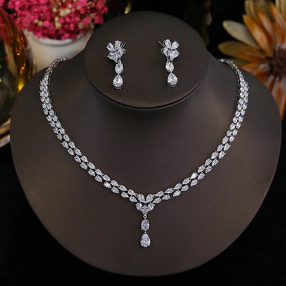 New Design Luxury Cubic Zirconia Water Drop Necklace Earrings Set for Women High Quality Wedding Party Dress Jewelry