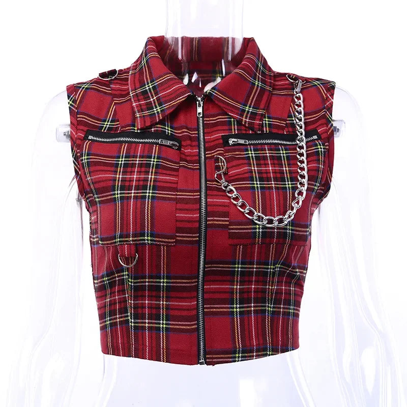 Women T-shirt Plaid Punk Streetwear Zipper Chain Plaid Female Goth Retro Hi Hop Camis Top Gothic Chic Sexy Crop Tops