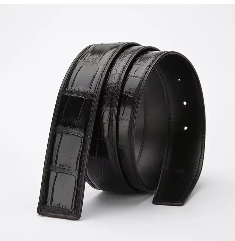 3.8 wide punched men's cowhide leather belt, high-end fashion trend crocodile pattern genuine leather belt without buckle durabl
