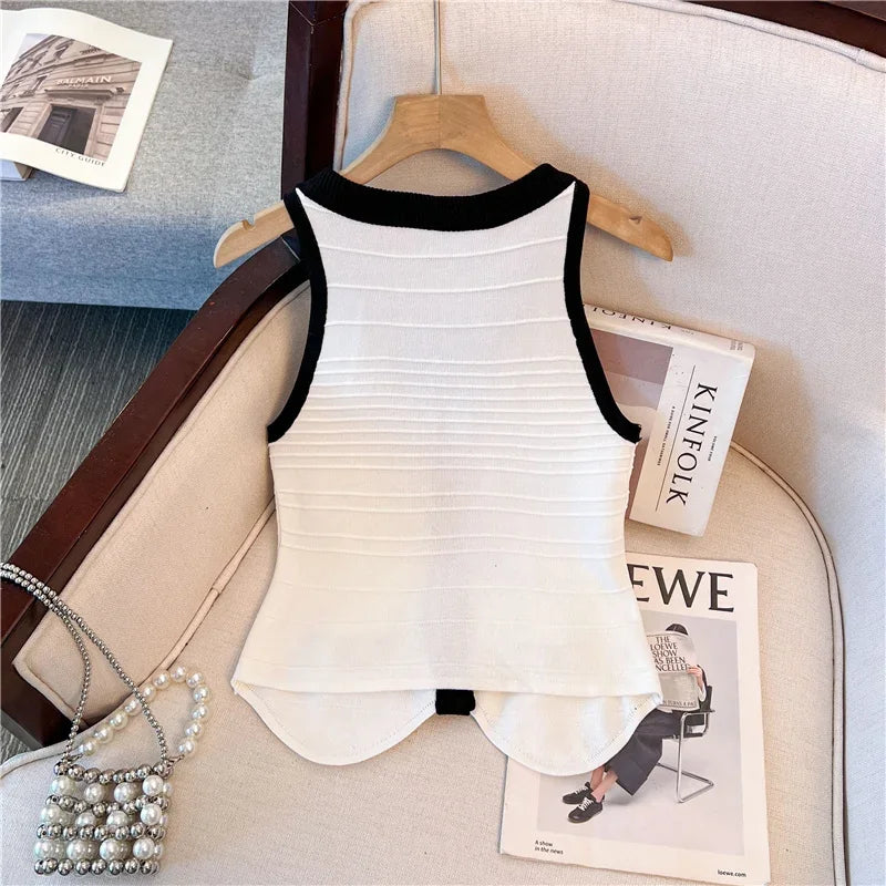 Metal Buttons Patchwork Tank Tops White Crop Top Chic Y2k Sleeveless Summer Knit Tops T-shirt Korean Women's Clothing New