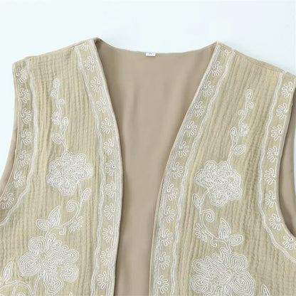 European and American Style 2024 Spring and Summer Women's New Fashionable and Versatile Round Neck Sleeveless Embroidered Vest