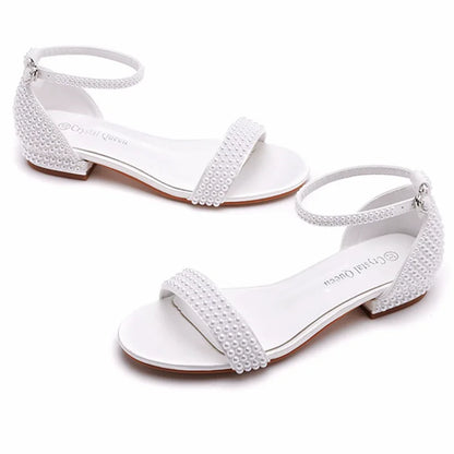 Summer new 2-cm square-heeled silk ribbon pearl rhinestone low-heeled wedding shoes beaded lace-up flat large-size women sandals
