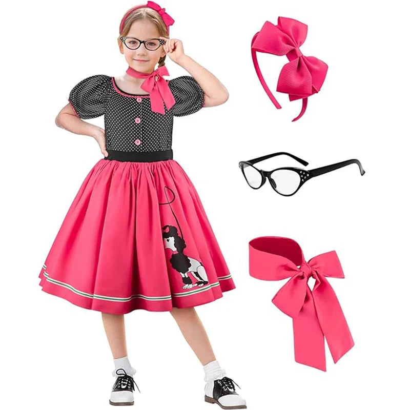 Girls Party Dresses Summer Dress Poodle Print Polka Dot Vintage Dress With Scarf Outfit Girls Casual Summer Dresses Birthday