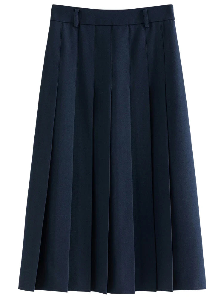 2025 New Arrival Women Zipper Waist Office Lady Elegant Grey Skirt Pleated Design Navy Blue Color Long Skirt Daily Outfits