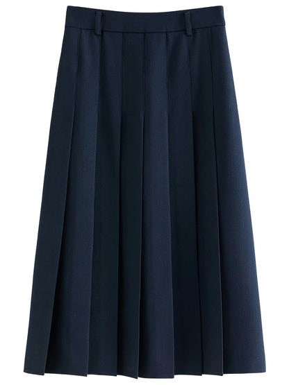 2025 New Arrival Women Zipper Waist Office Lady Elegant Grey Skirt Pleated Design Navy Blue Color Long Skirt Daily Outfits