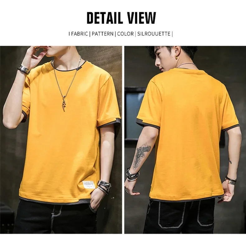 Classic Fake Two Short Sleeved Men's Pure Cotton T-shirt, Men's Summer Men's Interior Matching Trendy Brand T-shirt