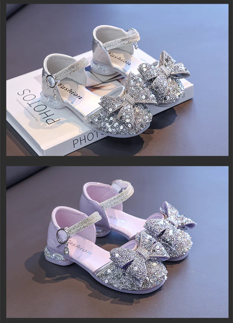 2025 Children's Crystal Princess Shoes bow Tie stylish summer new girls' head-wrapped sandals small high heels performance shoes