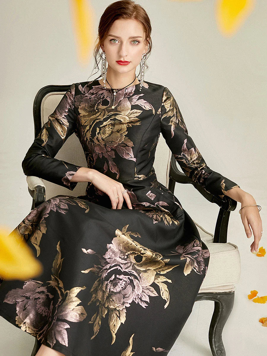 Luxury Women Long Maxi Jacquard Dress Spring Autumn Boho Floral Fashion Clothing Ladies Party Evening Ball Gown
