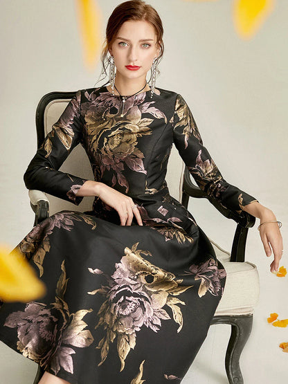 Luxury Women Long Maxi Jacquard Dress Spring Autumn Boho Floral Fashion Clothing Ladies Party Evening Ball Gown
