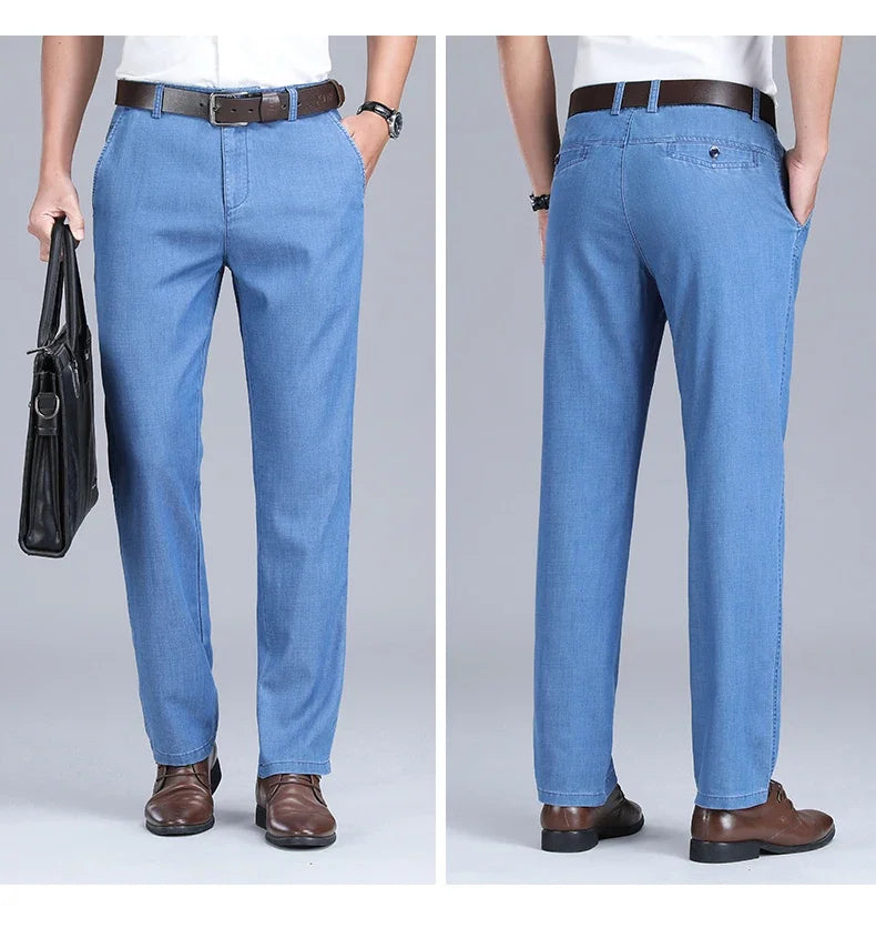 2026 New Men's Summer Jeans Thin Loose Stretch Large Size Ice Silk Straight Pants Elite Business Casual Pants Smoke Gray Blue