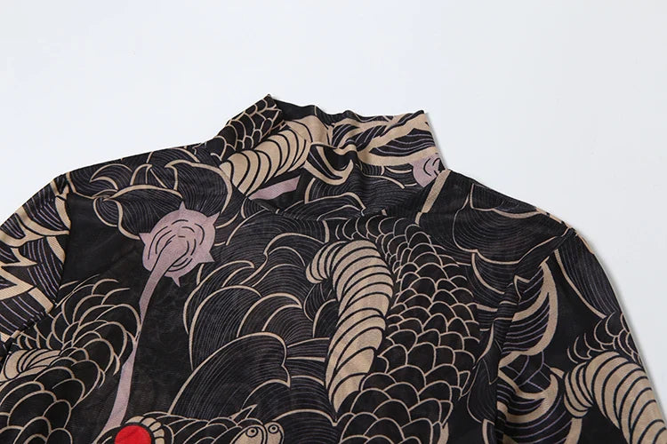 See Through Blouse Women Snake Print Half-High Neck Long Sleeves High Slits High Elasticity Street Skinny Trend Long Tops
