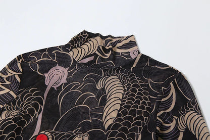 See Through Blouse Women Snake Print Half-High Neck Long Sleeves High Slits High Elasticity Street Skinny Trend Long Tops