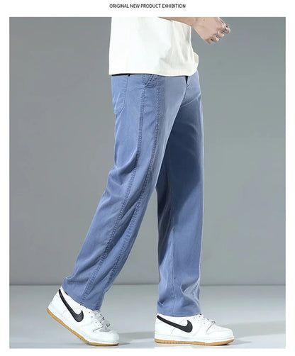 Summer Thin Men's Loose Straight Jeans Lyocell Soft Drape Business Casual Trousers Classic Smoke Gray Brand Ice Silk Denim Pants