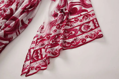 Red Blue And White Porcelain Print Holiday Dress Summer Vintage Bohemia Dress Women's  Loose Lace Up Belt Long Robe Vestido