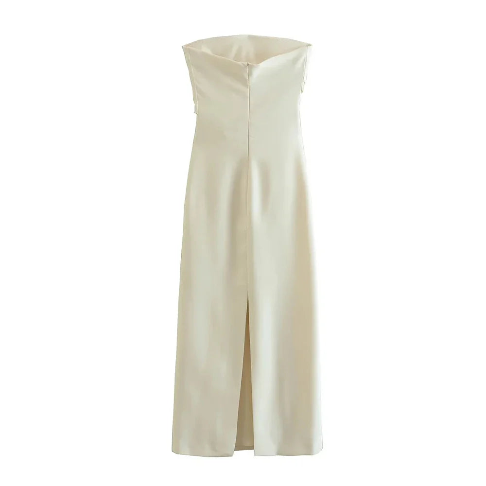 Women Fashion Strapless Gathered Midi Dress Sexy Straight Neck Back Slit Female Dresses Vestidos Mujer