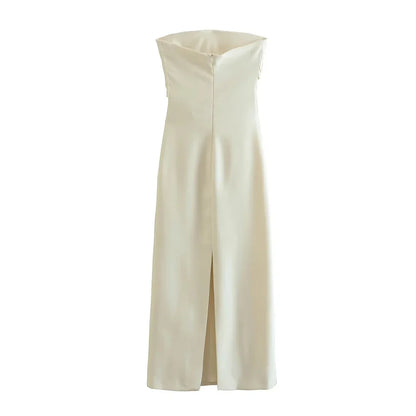 Women Fashion Strapless Gathered Midi Dress Sexy Straight Neck Back Slit Female Dresses Vestidos Mujer