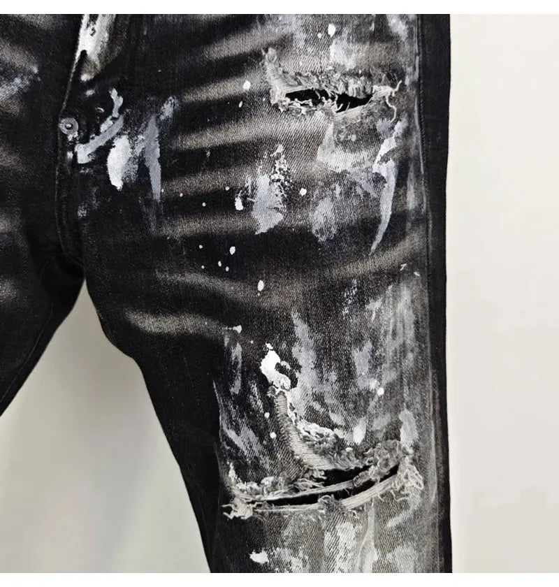 Street fashion men's black gray jeans, high-quality stretch slim fit painted corrugated jeans designer retro hip-hop brand pants