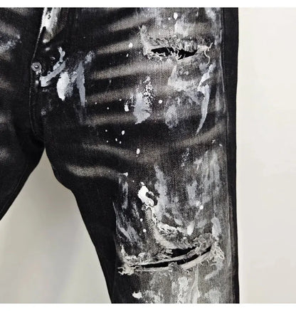 Street fashion men's black gray jeans, high-quality stretch slim fit painted corrugated jeans designer retro hip-hop brand pants