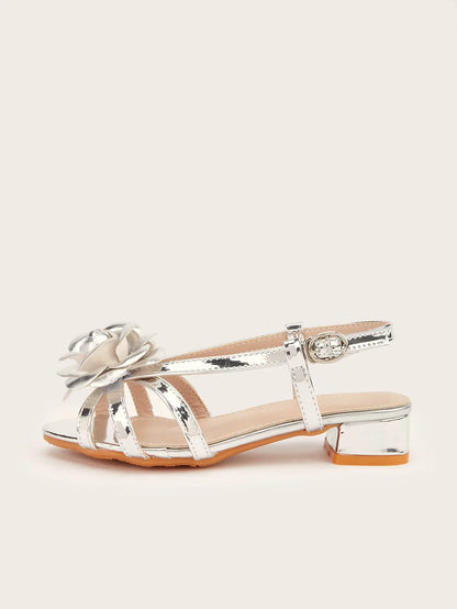 2025 Summer New Children's High Heels Fashion Flower Girls' Princess Sandals Silver Kid's Performance Dance Shoes 5-10 Years Old