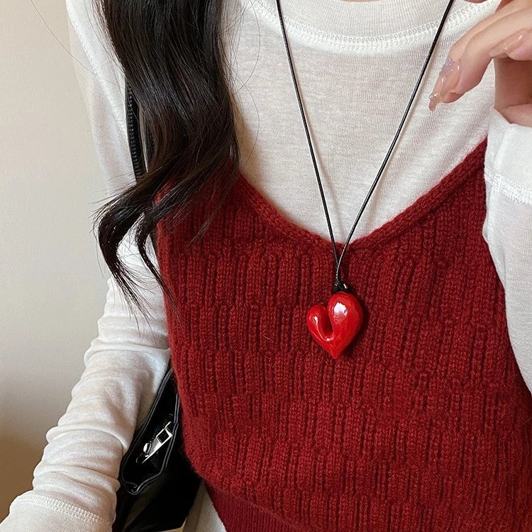 Heart Pendant Necklace for Women Men 85CM Adjustable Pull-out Sweater Chain Fashion Jewelry Accessory Gift