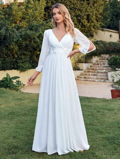 Vestido de Noite de Gola V com Apliques de Renda e Saia Evasê de Chiffon Elegante com Mangas Fendidas para Festas de Casamento 2025