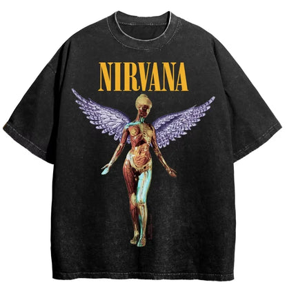Nirvana rock band men's Retro cotton Washed Tee In Utero album man Women's oversized Y2K distress Tshirt Casual Loose streetwear