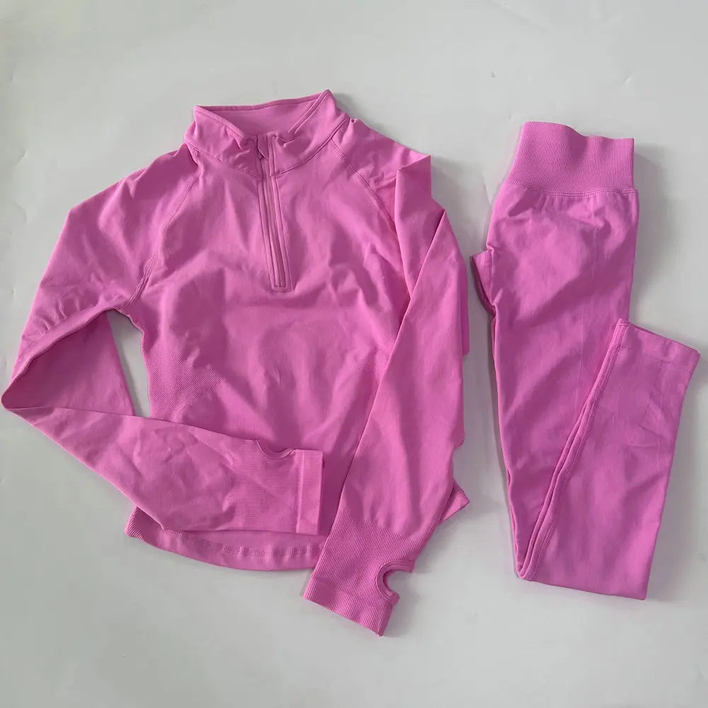 Women 2pcs Yoga Sets Long Sleeve Jacket Sport Top With Half Zip High Waisted Leggings Fitness Suits Seamless Running Workout Set
