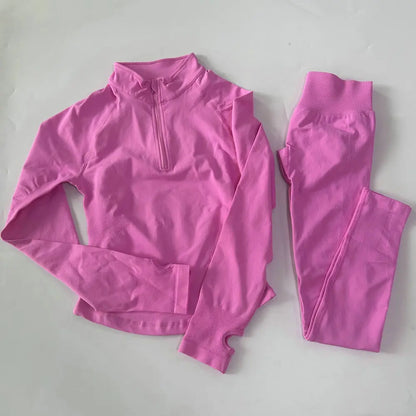 Women 2pcs Yoga Sets Long Sleeve Jacket Sport Top With Half Zip High Waisted Leggings Fitness Suits Seamless Running Workout Set